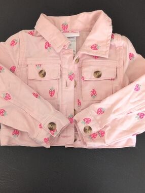 Little Lass Pink Strawberry-Print Kids Denim Jacket